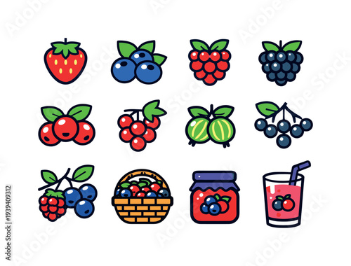 Collection of colorful berry icons and products on a white background