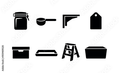 Collection of black household and storage icons on a white background