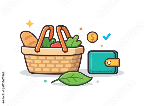 Shopping basket filled with groceries next to a wallet and a leaf, symbolizing healthy eating and budget