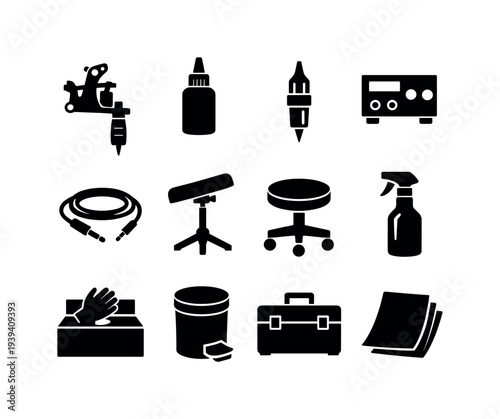 Collection of black icons representing tattoo artist equipment and supplies on a white background