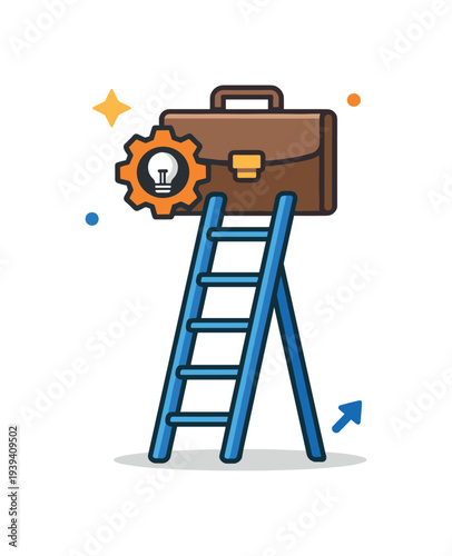 Business growth concept with briefcase on ladder and gear with lightbulb