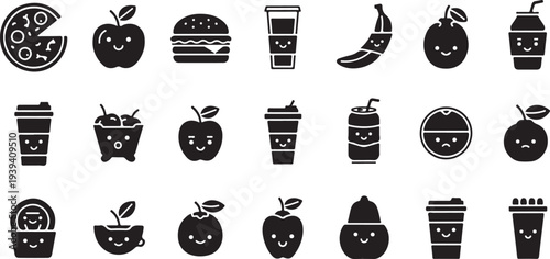 Collection of cute food icons in black a delightful silhouette