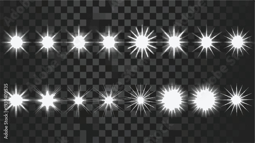Variety of luminous light effects and sunbursts, perfect for graphic design overlays