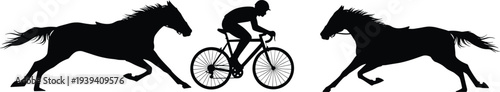 Vector illustration of stylized cyclist and horse silhouettes symbolizing race, athleticism, transportation, culture, tradition, and education