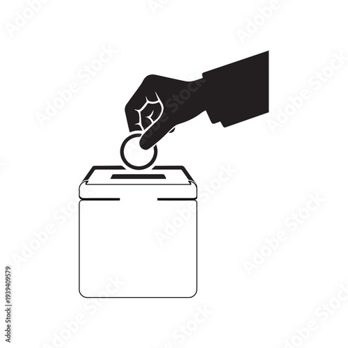 Contributing Hand Silhouette: A symbolic monochrome illustration of a hand carefully depositing a coin into a donation box, conveying generosity and support.