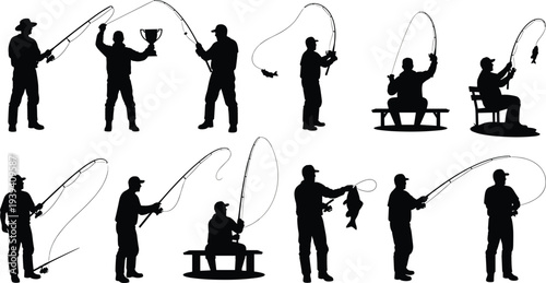Vector illustration of stylized fishing silhouettes symbolizing sport, leisure, tradition, culture, identity, inclusivity, and education