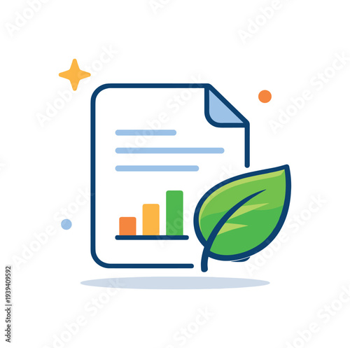 Green business growth report with bar chart and leaf icon