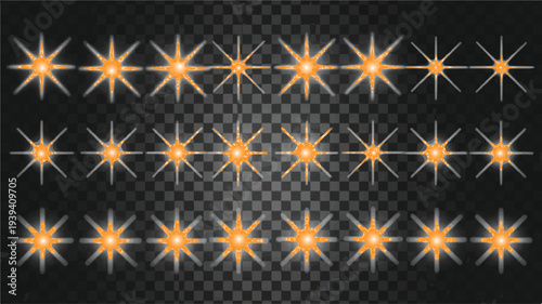 Collection of Sparkle Icons with Glowing Effect on Transparent Background