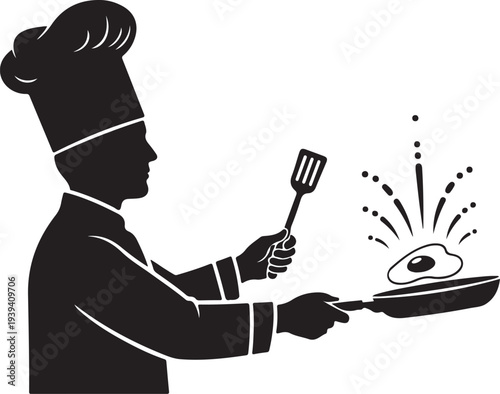 Chef cooking an egg with a frying pan a striking silhouette