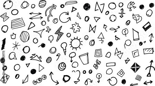 A collection of various black and white geometric shapes and symbols on a plain white background for design and educational purposes
