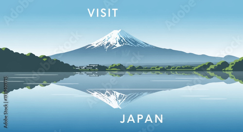 Iconic Mount Fuji Reflection in Calm Lake, Visit Japan Travel Poster