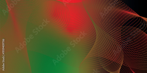 Flowing red, green, and black glowing ribbons twisting over a dark, moody background sprinkled with tiny sparkling particles, futuristic digital technology scene, vector style.