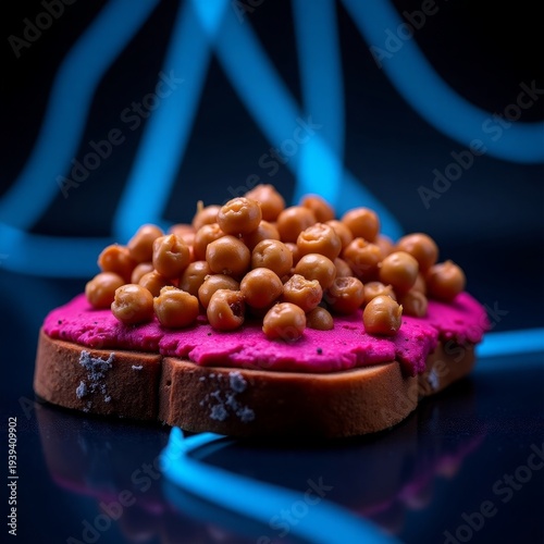 Pink Spread Toast Topped With Chickpeas food appetizer