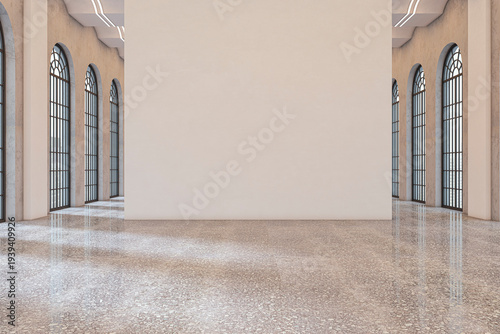 Blank wall in a spacious contemporary gallery interior with tall arched windows, polished floor, and clean empty space creating an elegant mockup background. 3D Rendering