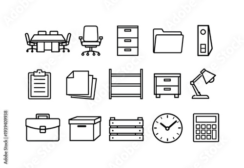 Collection of office supplies and furniture icons in a clean, minimalist line art style