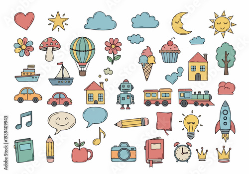 A vibrant collection of cartoon icons representing various aspects of daily life and leisure activities