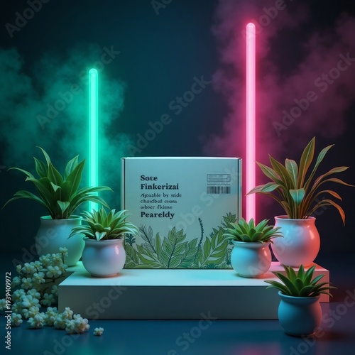 Plants and product box with neon lights potted plants