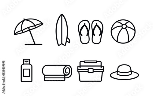 Collection of summer vacation and beach essential icons in a clean line art style