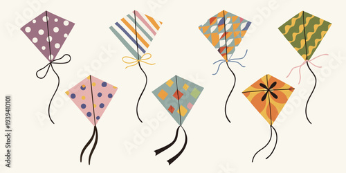 A colorful arrangement of six uniquely patterned diamond shaped kites