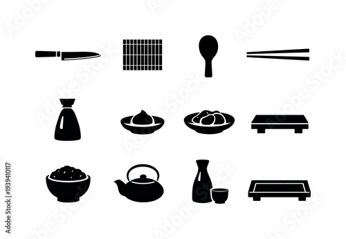 Collection of Japanese food and drink icons including sushi, sake, and tea set elements