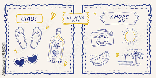 Italian summer themed doodles on a torn paper background