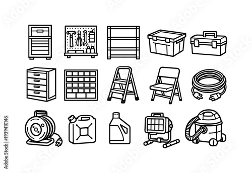 Collection of workshop and garage tools and equipment icons in a clean line art style