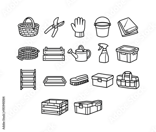 Collection of gardening and household tools and containers in a simple line art style