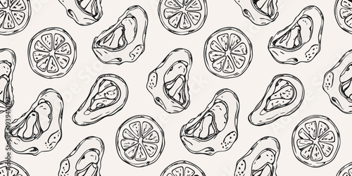 Stylized pattern of citrus slices and pear shapes in black ink