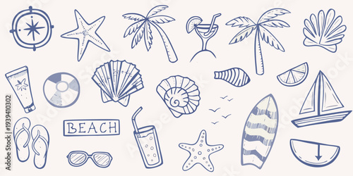 A collection of hand drawn summer and beach themed illustrations