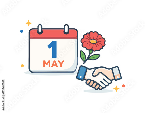 May Day celebration with handshake and flower, symbolizing labor and unity