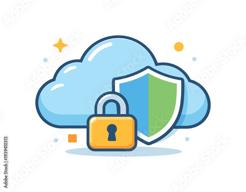 Cloud security concept with padlock and shield graphic design
