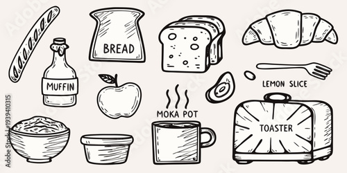 Hand drawn illustration of breakfast items including bread muffins and coffee