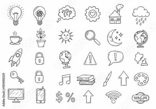 Collection of simple line icons depicting various abstract concepts and objects related to technology, ideas, and environment from a straightforward viewpoint.