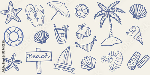 A collection of hand drawn beach themed objects in blue line art