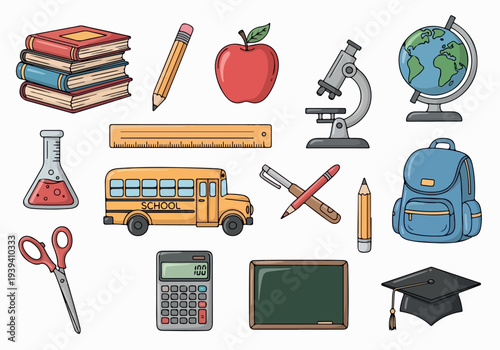 Assorted educational objects including books, apple, microscope, globe, school bus, and graduation cap arranged on a plain surface viewed from directly above