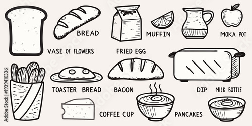 Hand drawn illustration of breakfast items kitchenware and decorative elements