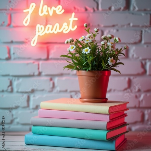 Potted daisies on stack of pastel books with neon sign