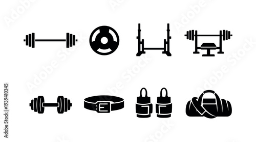 Collection of black fitness equipment icons on a white background for workout and gym themes