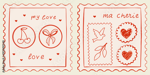Two hand drawn postage stamps with romantic illustrations and lettering