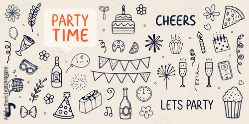 Festive party doodles and hand drawn elements celebrating a cheerful occasion