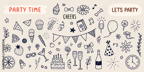 A collection of hand drawn party elements and celebratory doodles