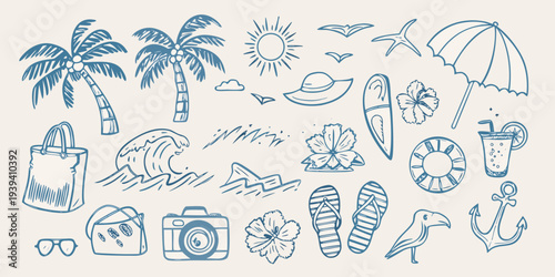 A collection of hand drawn summer themed illustrations in blue line art