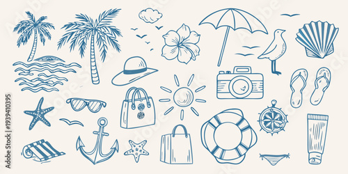 A collection of hand drawn tropical summer themed doodles and illustrations