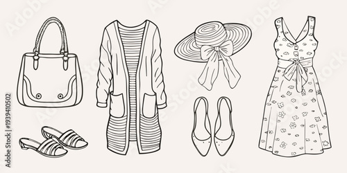 Line art illustration of various clothing items and fashion accessories