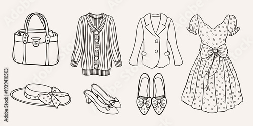 A collection of hand drawn fashion items including clothing and accessories
