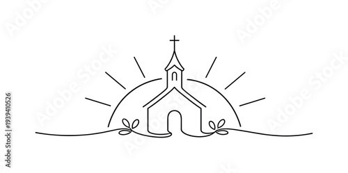 Church building with sun rays and floral elements in a minimalist line art style