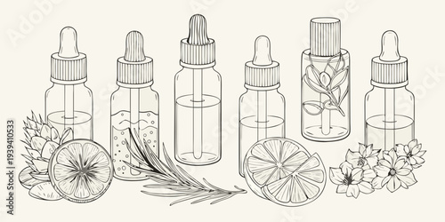Line art illustration of dropper bottles and botanical ingredients