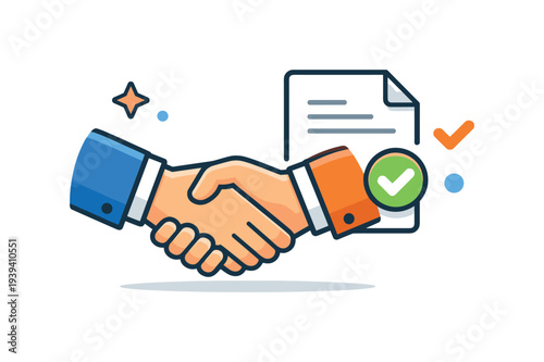Business handshake with contract and checkmark icon symbolizing agreement and success