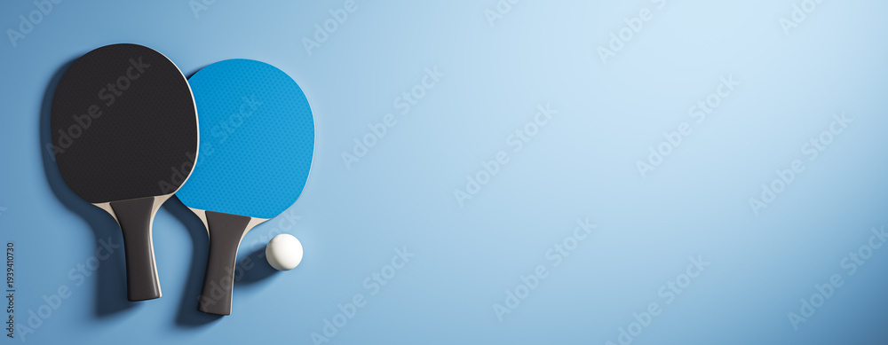 Fototapeta premium Table tennis paddles with ball on light blue gradient background as clean sporty banner mockup with copyspace for creative design template. 3D Rendering
