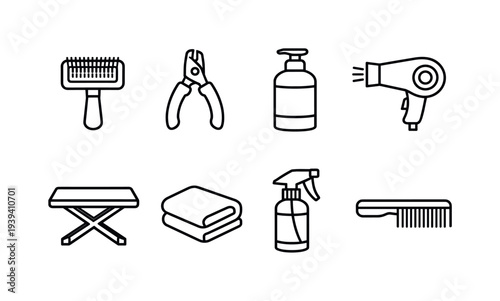 Collection of pet grooming tools and supplies, clean line art icons